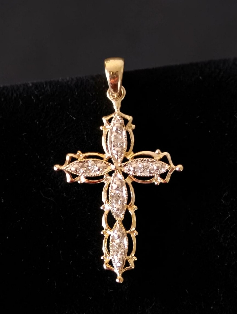 Vintage 10k Diamond Filigree Two-Tone Cross Pendant